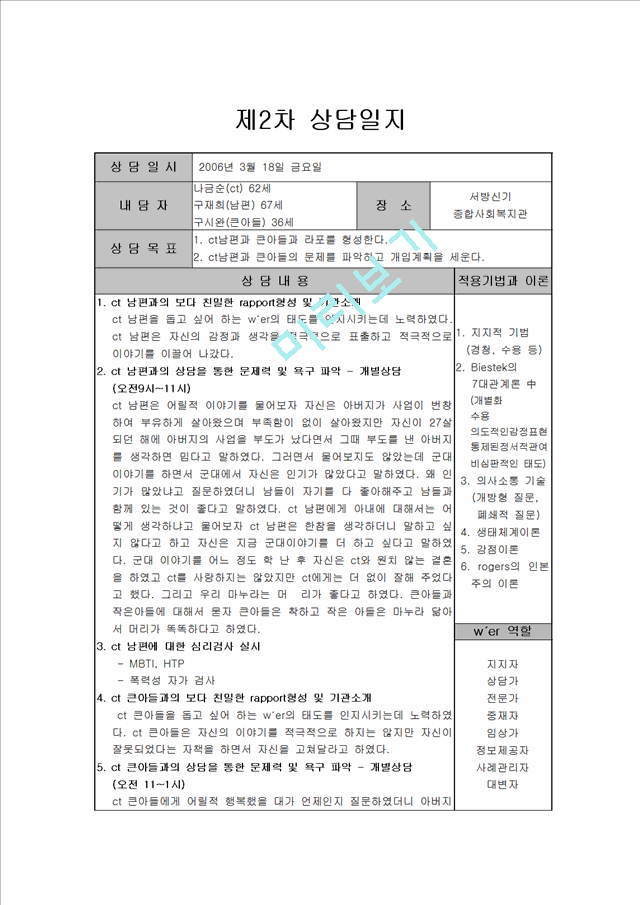 1000원]상담 실습일지 작성 (총 5회분량 - 가정폭력을 겪은 아내 상담 및 치료 상담 실습일지).hwp